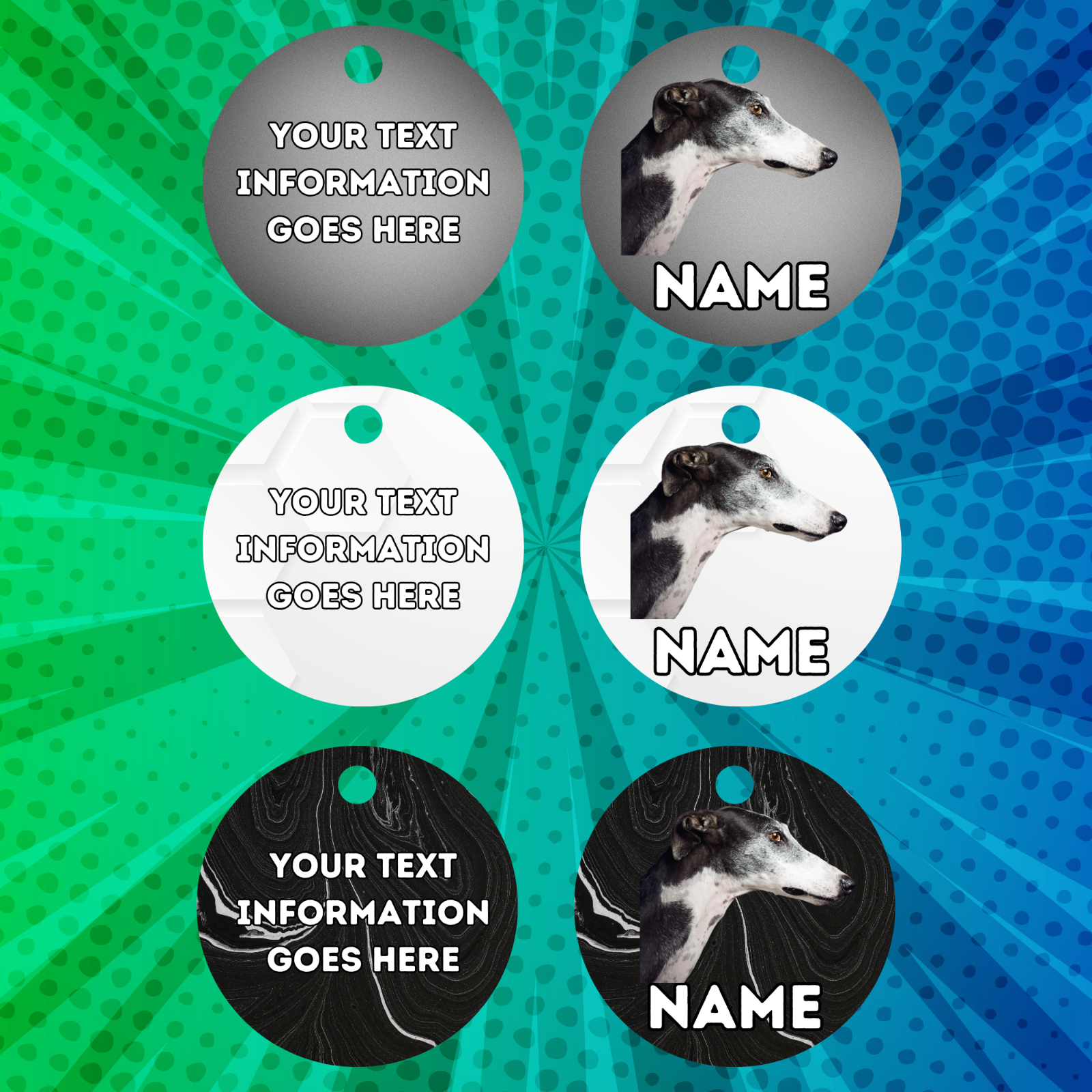 GREYHOUND Dog Pet Personalise Own Photo Round, Bone, Military Tag