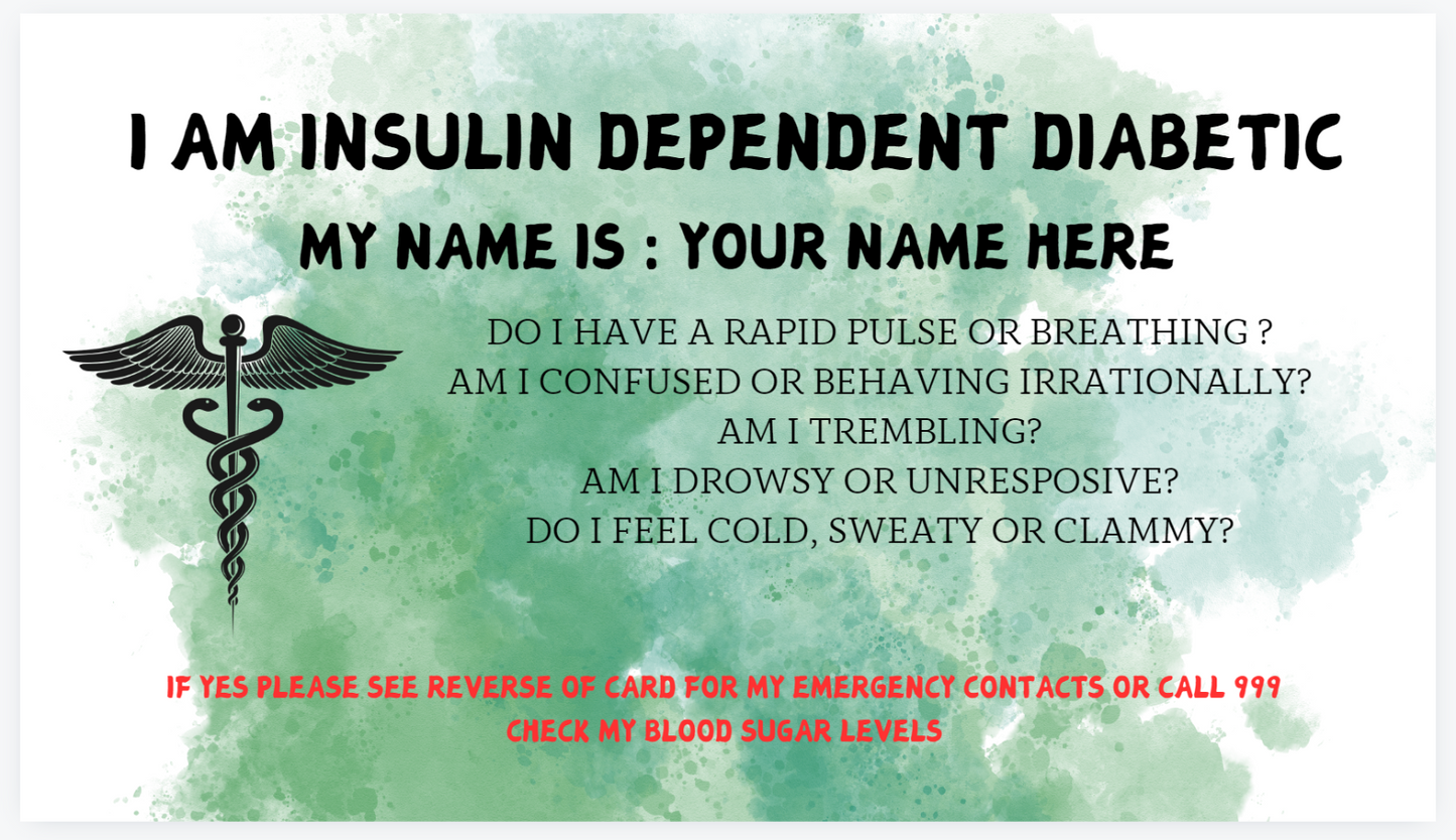 Insulin Dependent Diabetic Awareness Card Free Lanyard and Holder