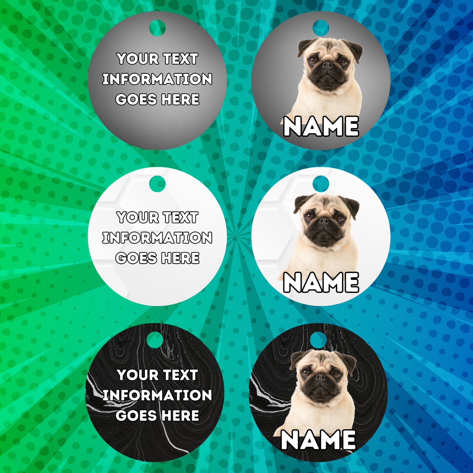 PUG TAG Dog Pet Personalised Your Own Photo Round