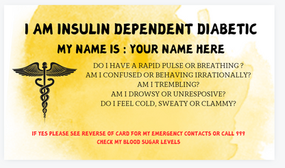 Insulin Dependent Diabetic Awareness Card Free Lanyard and Holder