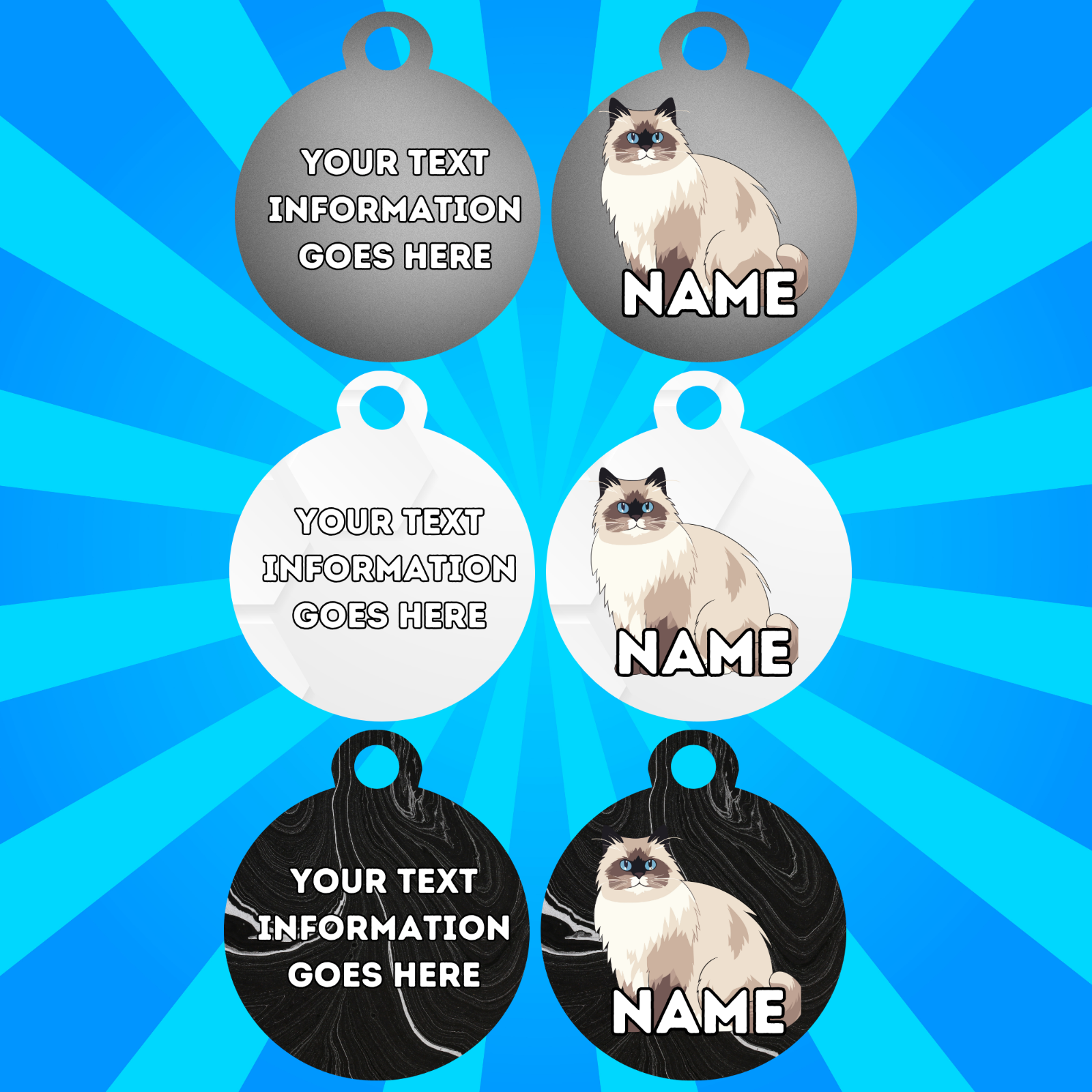 RAGDOLL Cat Pet Personalised Own Photo Round, Dog Bone, Military Tag