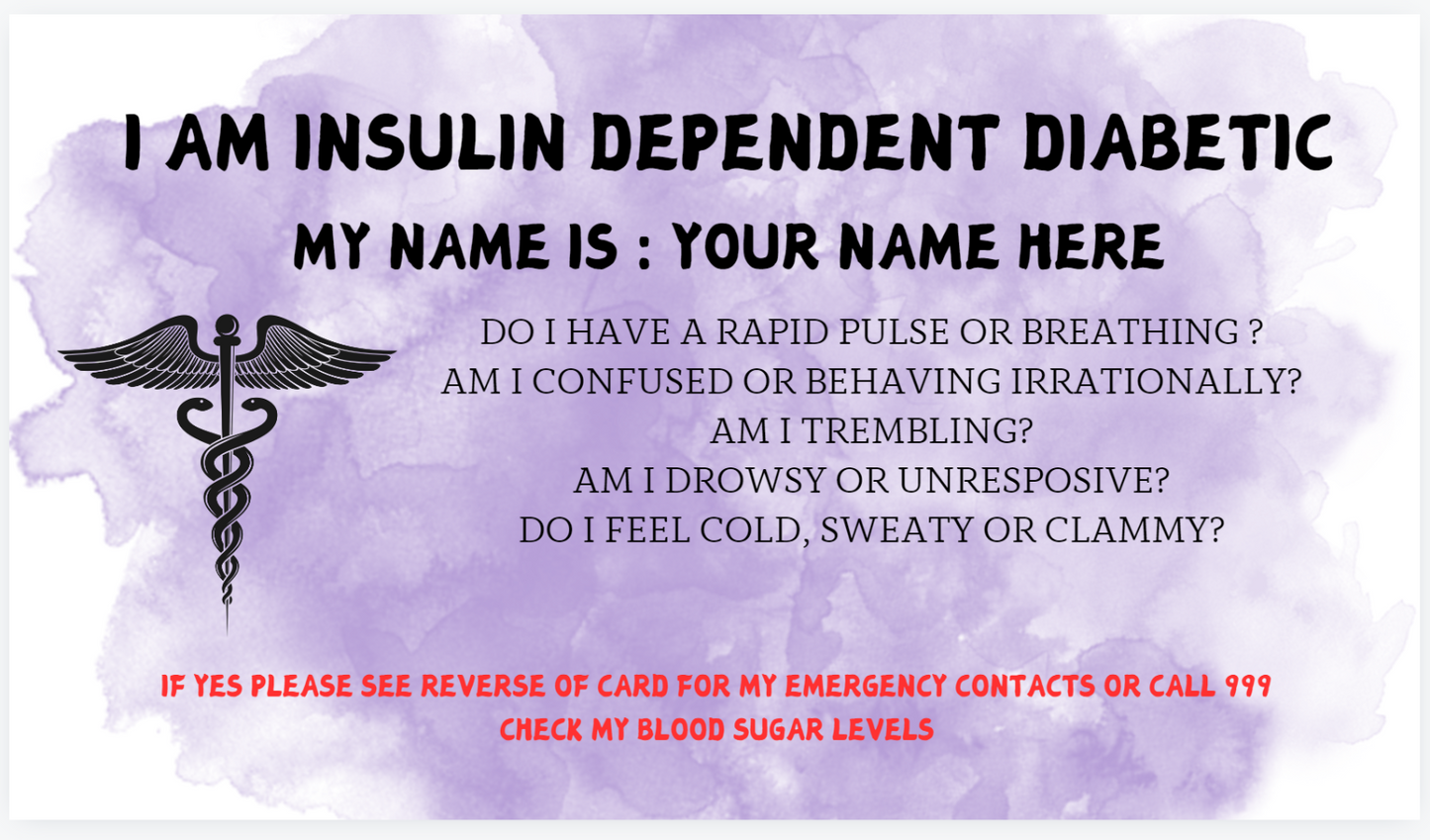 Insulin Dependent Diabetic Awareness Card Free Lanyard and Holder