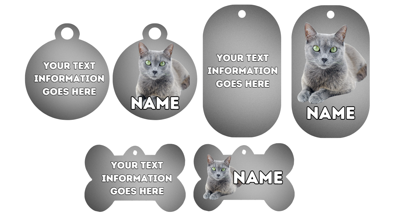 RUSSIAN BLUE Cat Pet Personalised Own Photo Round, Dog Bone, Military Tag