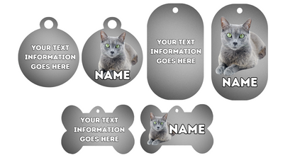 RUSSIAN BLUE Cat Pet Personalised Own Photo Round, Dog Bone, Military Tag